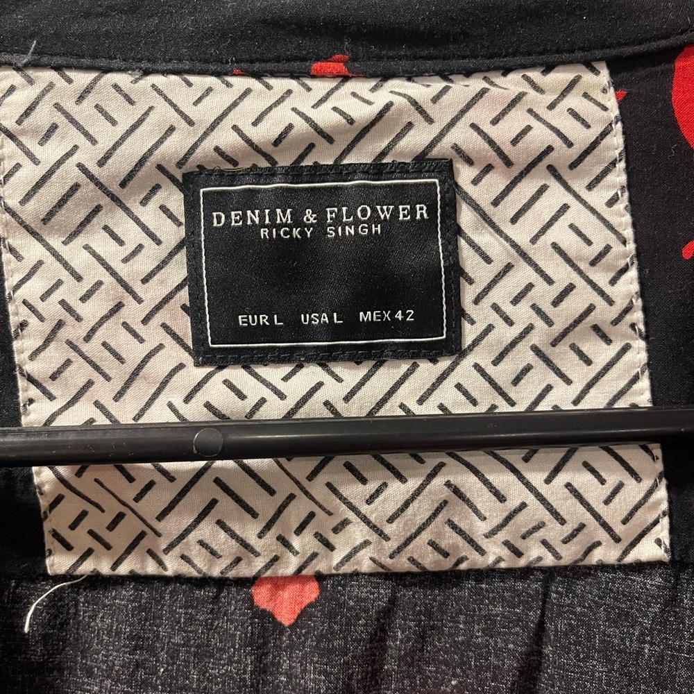 Denim & Flower Black Shirt with Red Floral Design